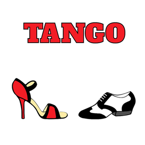 Vector argentine tango dancing shoes poster. Men shoe in black and white, 20s style, women shoe high heel, red and black, with word tango. Poster, postcard, milonga invitation.