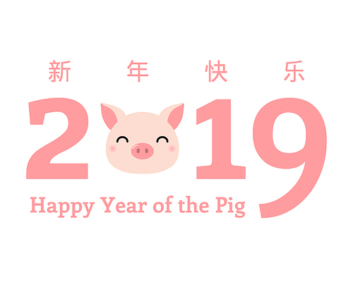 2019 New Year greeting card with cute pig head, numbers, Chinese text Happy New Year. Isolated objectson on white . Vector illustration. Design concept holiday banner, decorative element.