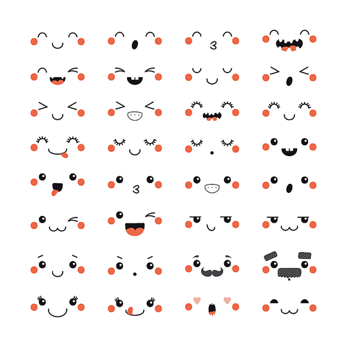 Set of kawaii funny emoticons in Japanese anime, manga style . Isolated objects on white . Hand drawn doodle vector illustration. Design concept for emoji, avatar, smiley, sticker.