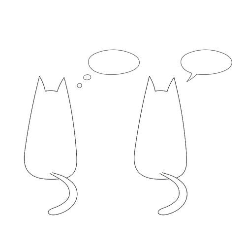 Hand drawn vector illustration with simple outlines of two cats from behind with empty speech bubbles. Unfilled outline on white background. Design concept for children.