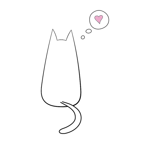 Hand drawn vector illustration with simple outline of a cat from behind with thought bubble containing pink heart. Unfilled outline on white background. Design concept for children.