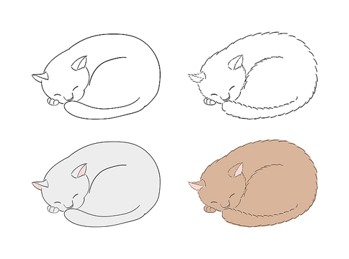 hand drawn vector illustration of sleeping curled up cats, unfilled outlines and coloured. isolated objects on . design concept, elements.