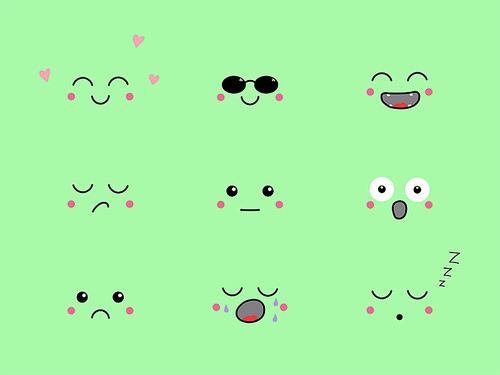 Set of hand drawn cute funny emoji with different face expressions and emotions. Isolated objects on green background. Design concept for icons, emoticons.