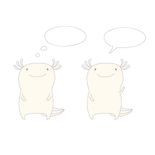 Hand drawn vector illustration of two cute funny axolotls standing, one waving, in soft colours, with empty speech balloons. Isolated objects on white . Design concept for children.