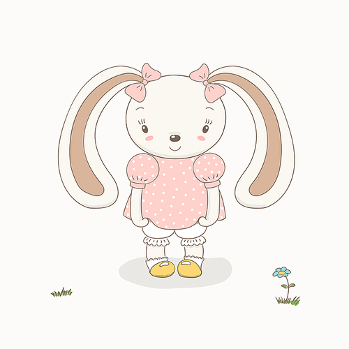 Hand drawn vector illustration of a cute little smiling plump bunny girl in a pink dress, knickers, socks, shoes, with pink ribbons on her ears. Coloured isolated objects. Design concept for children.