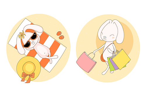 Hand drawn vector stickers of a cute pink bunny in sunglasses on the beach, with straw hat and flip flops, and with many shopping bags. Isolated objects on white . Design concept for girls.