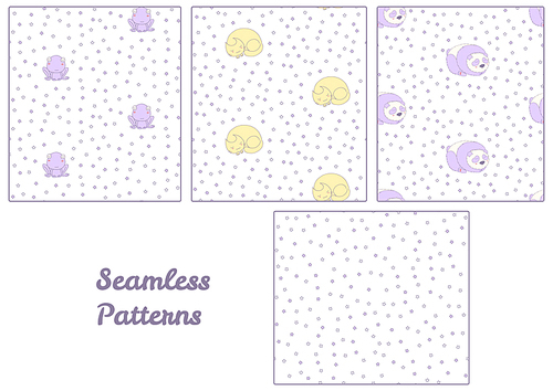 Set of hand drawn cute seamless vector patterns with sleeping animals: cat, panda, frog, and stars on a white background. Design concept for children: textile , wallpaper, wrapping paper.