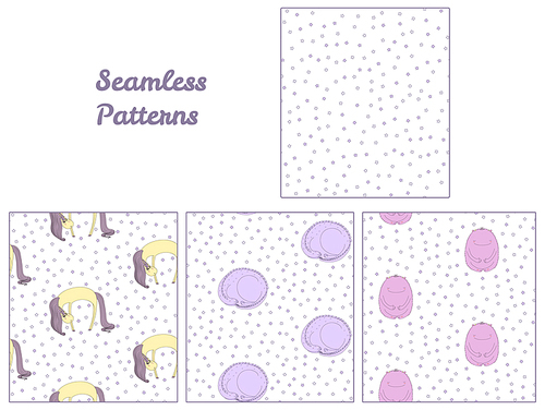 Set of hand drawn cute seamless vector patterns with sleeping magical creatures: monster, unicorn, curled up ragon, and stars on a white background. Design concept for children: textile .