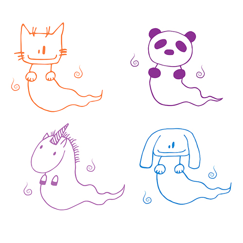 Hand drawn illustration of cartoon ghost animals: cat, panda, unicorn and dog in different colors. Design for children, postcard, sticker, T-shirt .