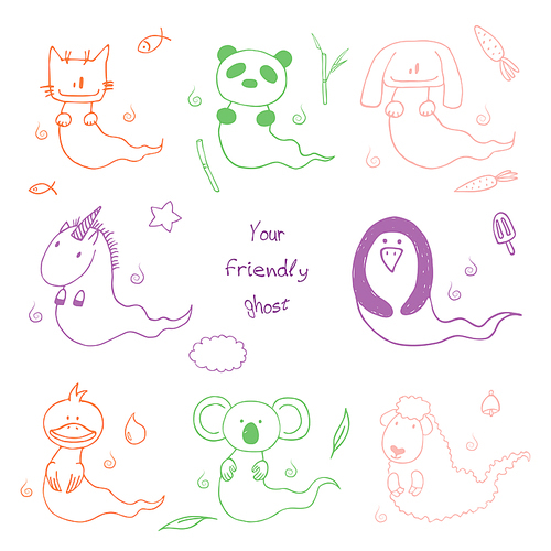 Hand drawn vector illustration of cute animals: cat, panda, unicorn, rabbit, sheep, duck, penguin and koala, text Your friendly ghost. Design concept for children - postcard, sticker, T-shirt .