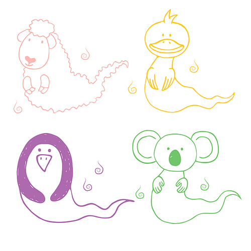 Hand drawn illustration of cute cartoon ghost animals: sheep, duck, penguin and koala, in different colors. Design for children, postcard, sticker, T-shirt .