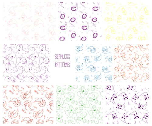 Set of hand drawn cute seamless vector patterns with ghost animals: cat, dog, panda, unicorn, rabbit, sheep, duck, penguin and koala, on a white background. Design concept for children: textile .