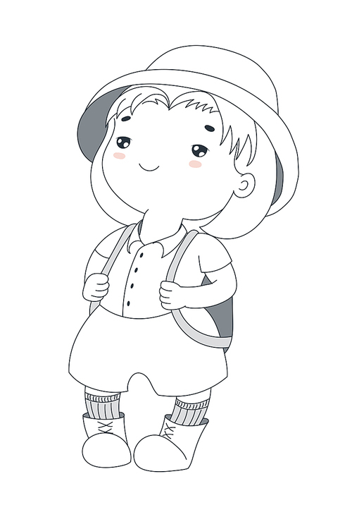 Hand drawn vector illustration of a cute plump little girl in a safari helmet, shirt, shorts, socks and hiking boots, with a backpack. Isolated objects on white . Design concept for children