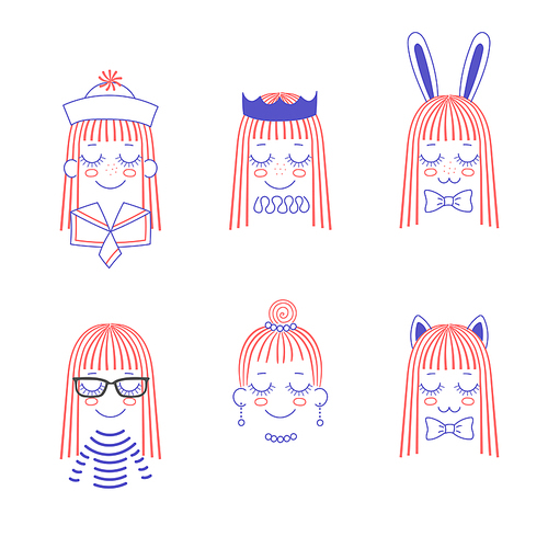 Vector doodles of cute girl faces with long hair, cat and rabbit ears, bow ties, crown, pleated collar, necklace, earrings, sailor hat and collar, striped shirt. Isolated objects on white .