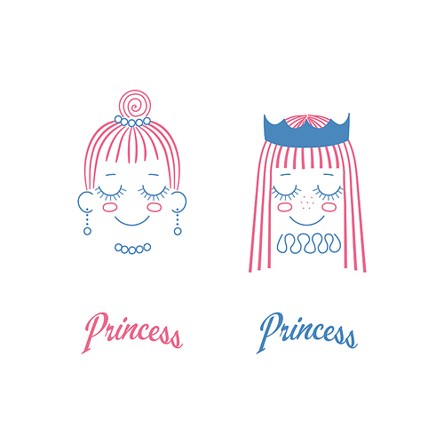 Vector doodles of cute girl faces with long hair, crown, pleated collar, pearl necklace, earrings, text Princess. Unfilled isolated outlines on white , in blue and magenta. Design concept.