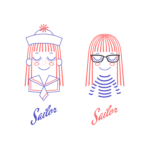 Vector doodles of cute girl faces with long hair, sailor hat and collar, glasses and striped shirt, text Sailor. Unfilled isolated outlines on white , in blue and red. Design concept.