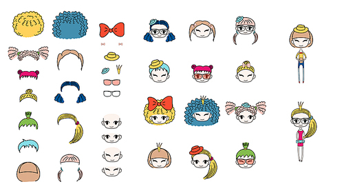 Collection of hand drawn vector doodles of kawaii funny girls heads with different hair, accessories and two bodies. Isolated objects on white . Design concept for children. Do it yourself.