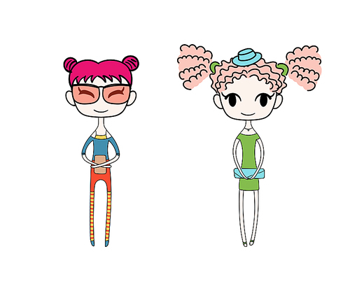 Hand drawn vector illustration of two kawaii trendy girls with different hair, in cute dress with a clutch, t-shirt, leggings, shorts. Isolated objects on white . Design concept for kids.