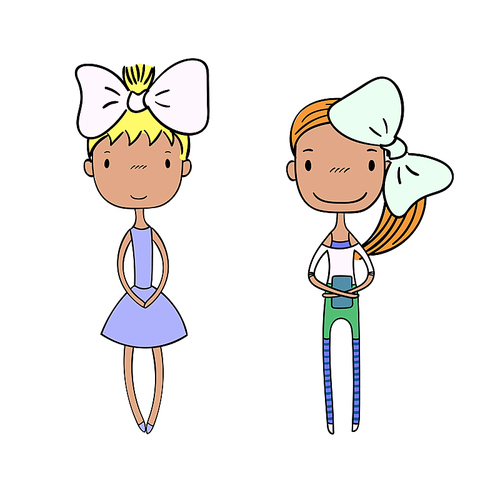 Hand drawn vector illustration of two cute trendy girls with different hair, in lovely dress, t-shirt, leggings, shorts, holding a book. Isolated objects on white . Design concept for kids.