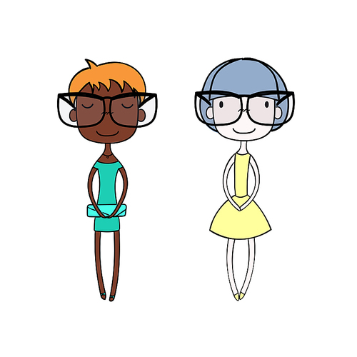 Hand drawn vector illustration of two cute trendy girls with different hair, skin colors, in dresses and glasses, with a clutch bag. Isolated objects on white . Design concept for kids.