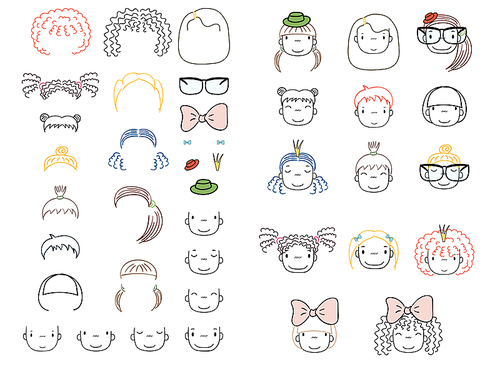 Collection of hand drawn vector doodles of cute funny girls heads with different hairstyles and trendy accessories. Isolated objects on white . Design concept for children. Do it yourself.