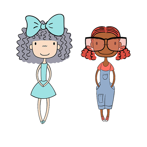 Hand drawn vector illustration of two cute little trendy girls with different hairstyles, skin colors, dressed in a dress and denim overalls. Isolated on white . Design concept for girls.