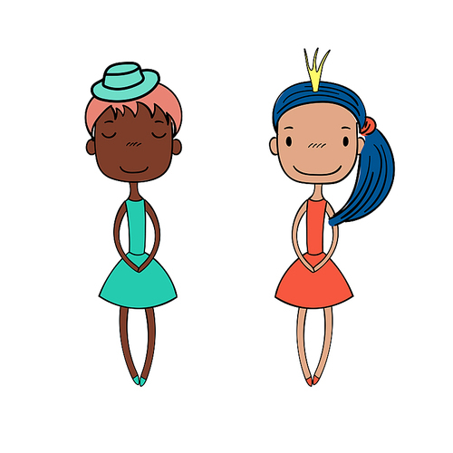 Hand drawn vector illustration of two cute little trendy girls with different hairstyles, skin colors, dressed in lovely dresses. Isolated objects on white . Design concept for girls.
