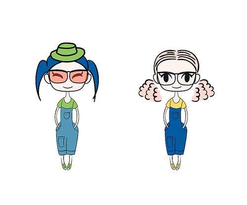 Hand drawn vector illustration of two kawaii little trendy girls in glasses with different hairstyles, dressed in denim overalls. Isolated objects on white . Design concept for girls.