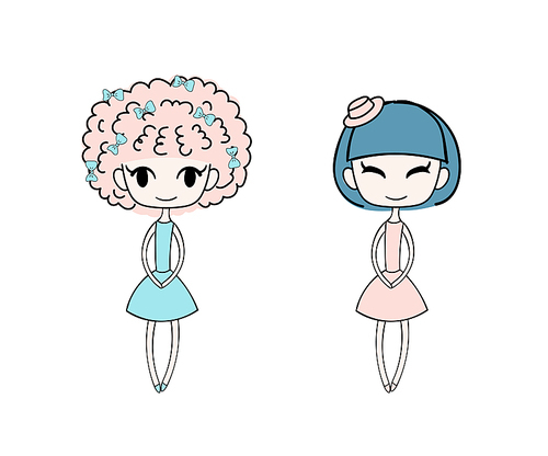 Hand drawn vector illustration of two kawaii little trendy girls with different hairstyles  dressed in lovely dresses. Isolated objects on white . Design concept for girls.