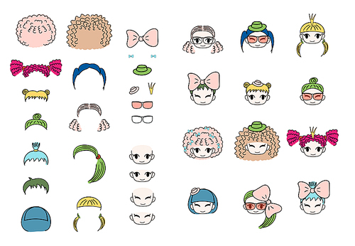 Collection of hand drawn vector doodles of kawaii funny girls heads with different hairstyles and trendy accessories. Isolated objects on white . Design concept for children. Do it yourself.