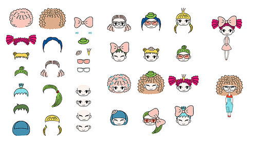 Collection of hand drawn vector doodles of kawaii funny girls heads with different hairstyles, accessories and two bodies. Isolated on white . Design concept for children. Do it yourself.