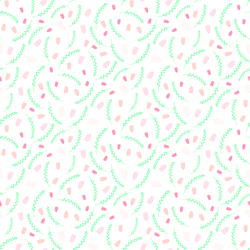 hand drawn seamless vector pattern with pink tulips and green grass, on a white background. design concept for . celebration, spring, kids textile , wallpaper, wrapping paper.