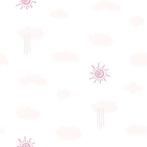 Hand drawn seamless vector pattern with pink sun and rain falling from a cloud, on a white background. Design concept for spring, summer, kids textile print, wallpaper, wrapping paper.