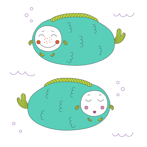 Hand drawn vector illustration of two roundish funny fat fish with cute faces swimming under water. Isolated objects on white . Design concept for children.