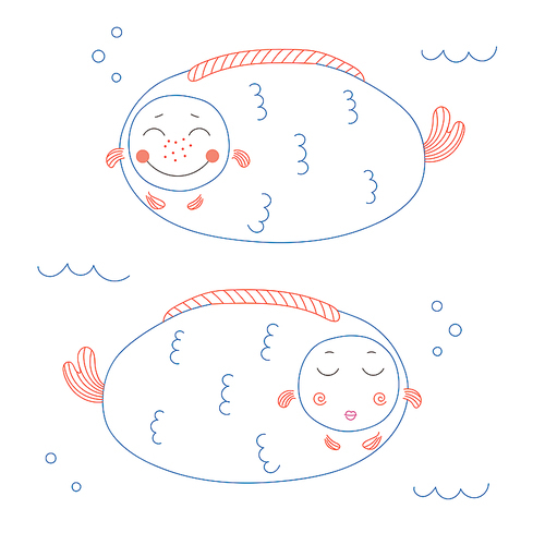 Hand drawn vector illustration of two roundish funny fat fish with cute faces swimming in the sea. Unfilled outline on white background. Design concept for children.