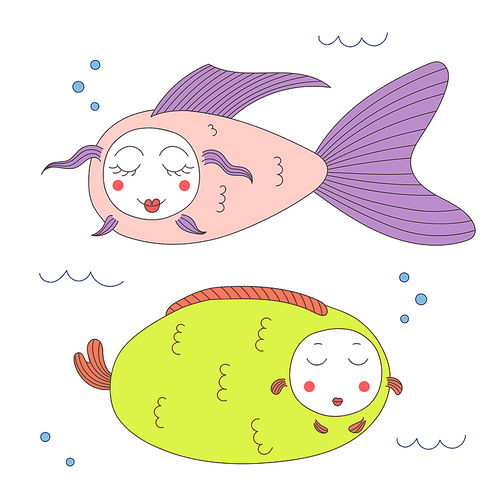 Hand drawn vector illustration of funny fish with cute faces with different expressions, swimming in the sea underwater. Isolated objects on white . Design concept for children.