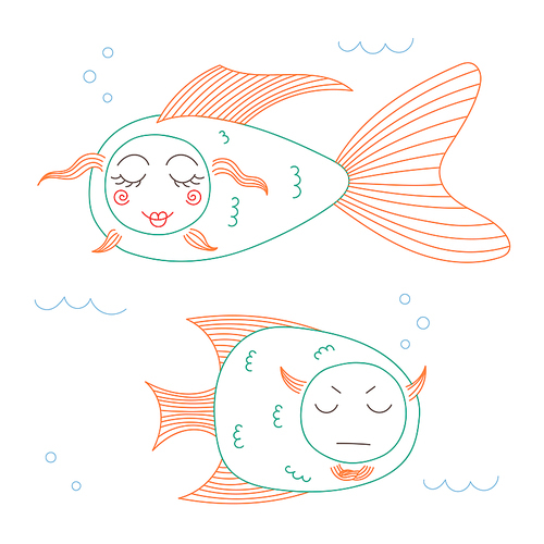 Hand drawn vector illustration of funny fish with cute faces with different expressions, swimming in the sea underwater. Unfilled outline. Isolated objects on white . Design concept for kids