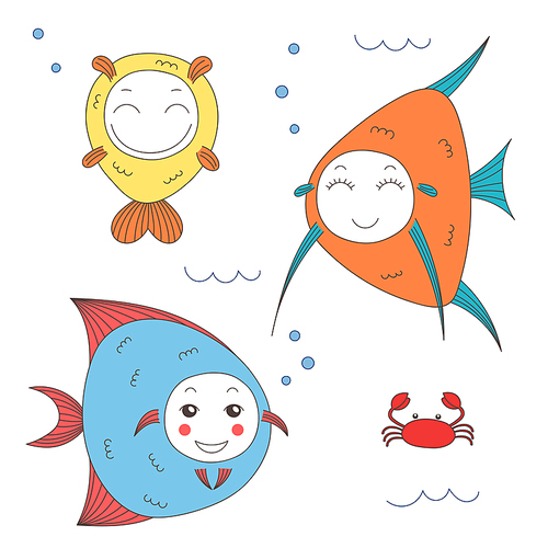 Hand drawn vector illustration of funny fish with cute faces with different expressions, swimming in the sea underwater. Isolated objects on white . Design concept for children.