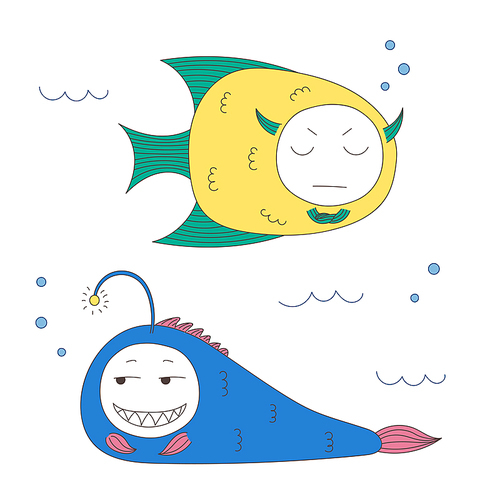 Hand drawn vector illustration of funny fish with cute faces with different expressions, swimming in the sea underwater. Isolated objects on white . Design concept for children.