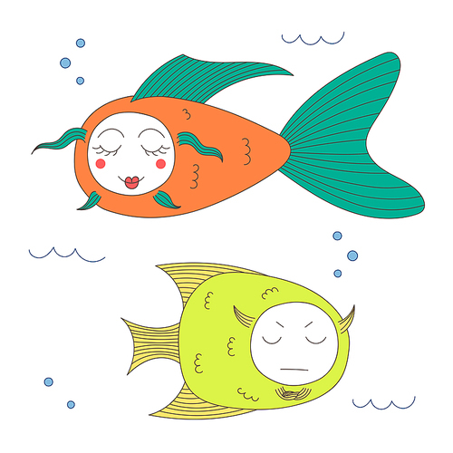 Hand drawn vector illustration of funny fish with cute faces with different expressions, swimming in the sea underwater. Isolated objects on white . Design concept for children.