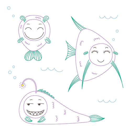 Hand drawn vector illustration of funny fish with cute faces with different expressions, swimming in the sea underwater. Unfilled outline. Isolated objects on white . Design concept for kids