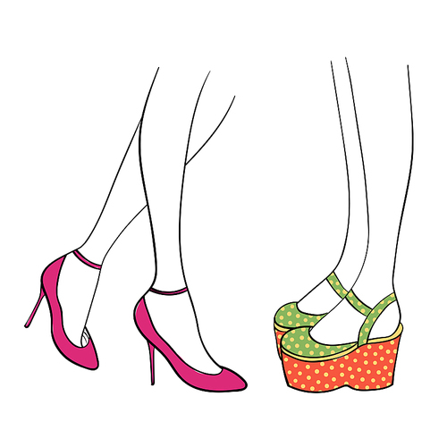 Hand drawn vector illustration of female legs in cute trendy shoes - magenta ankle straps with kitten heels and Mary Jane platforms in green and orange with yellow polka dots. Isolated objects.