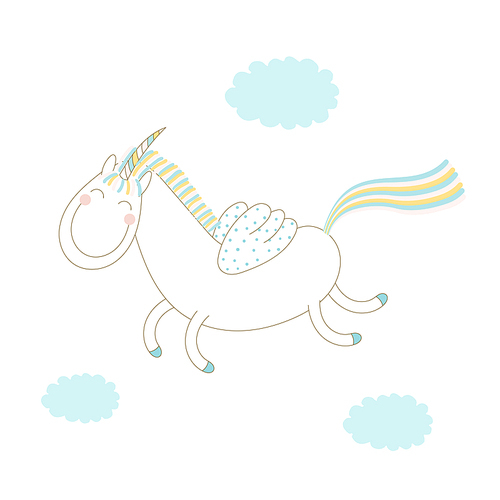Hand drawn vector illustration of a funny happy smiling winged unicorn flying in the sky among the clouds. Isolated objects on white . Design concept for postcard, poster, T-shirt .