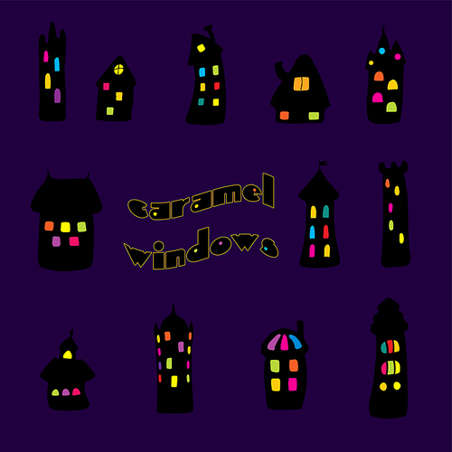 Collection of hand drawn simple vector doodles of cartoon black houses at night with brightly lit windows of different colours, with text Caramel windows. Isolated objects. Design elements.