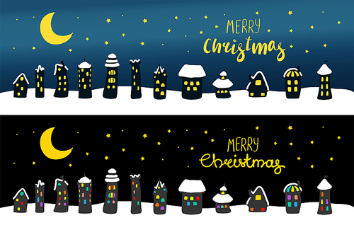 Hand drawn Christmas greeting card, banner with cute cartoon houses, covered with snow, at night, with brightly lit windows. Isolated objects. Vector illustration. Design concept kids, winter holidays
