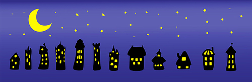 Collection of hand drawn simple vector doodles of cartoon black houses at night with brightly lit yellow windows under the moon and stars. Isolated objects. Design elements.