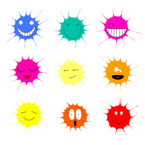 Collection of colorful paint splashes with different funny faces. Isolated objects on white . Vector illustration. Design concept for children.