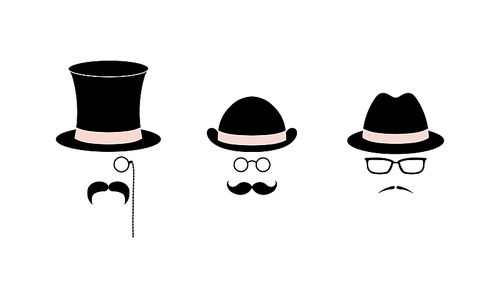 Retro set of simple vector icons with various moustaches, top hat, bowler hat, fedora hat, glasses, monocle and pince-nez. Isolated objects on white . Photo booth design elements collection.