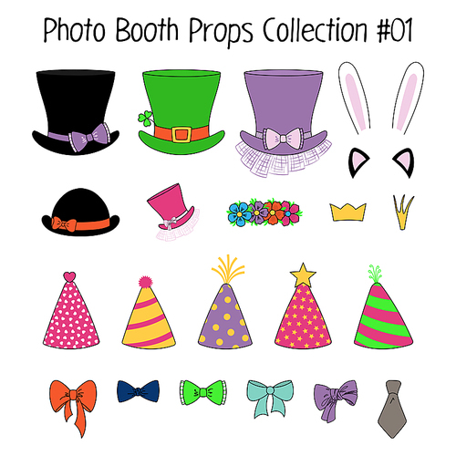 Set of hand drawn cartoon photo booth props with top hats, party hats, cat and bunny ears, crowns, flower chain, bow ties. Isolated objects on white . Vector illustration. Design elements.