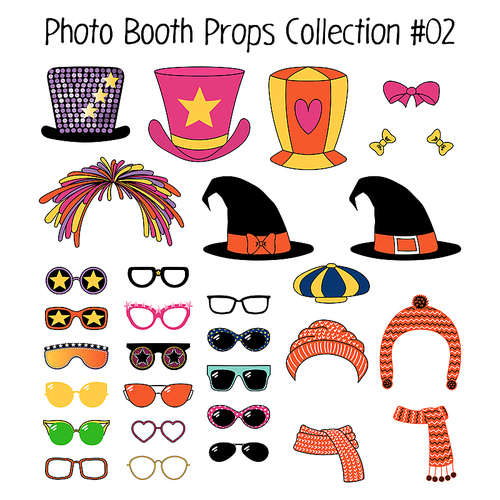 Set of hand drawn cartoon photo booth props with funky, witch, knitted hats, mufflers, ribbons, different glasses. Isolated objects on white . Vector illustration. Design elements.
